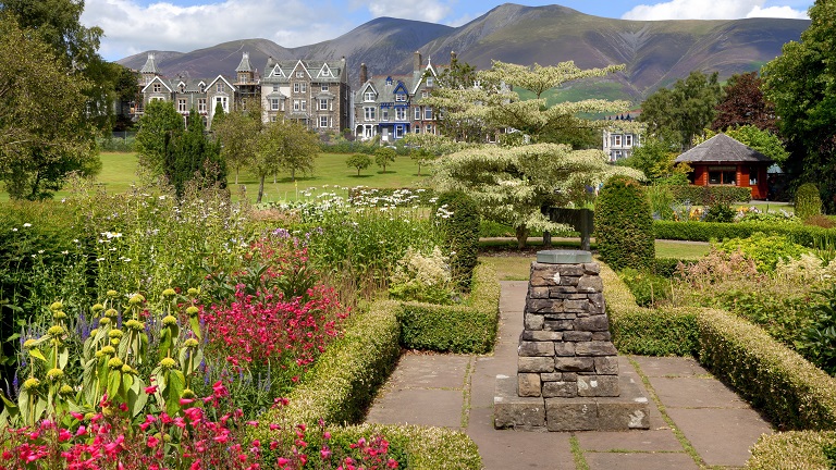 The gorgeous public gardens of Keswick market town, one of the Lake District's most popular towns that also hosts the largest mountain festival in the UK